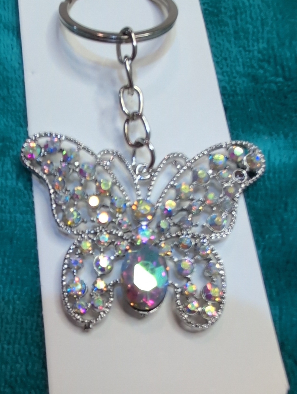 Sparkling Iridescent Butterfly Keychain - Silver Tone